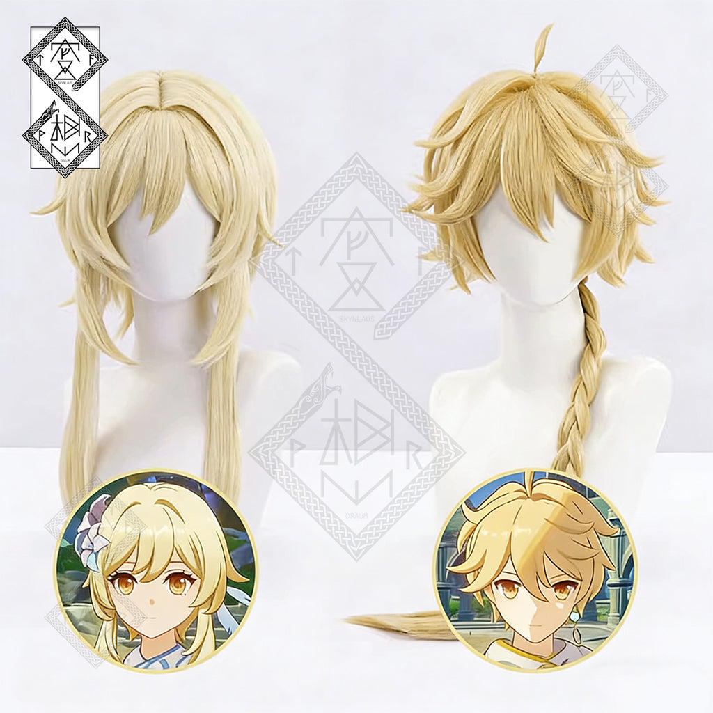 Genshin Impact Lumine Aether Cosplay Wig Set – Twin Traveler Wig | Blonde Anime Cosplay Hair Lumine Wig Heat Resistant for Halloween Costume(Lumine Ver.1)