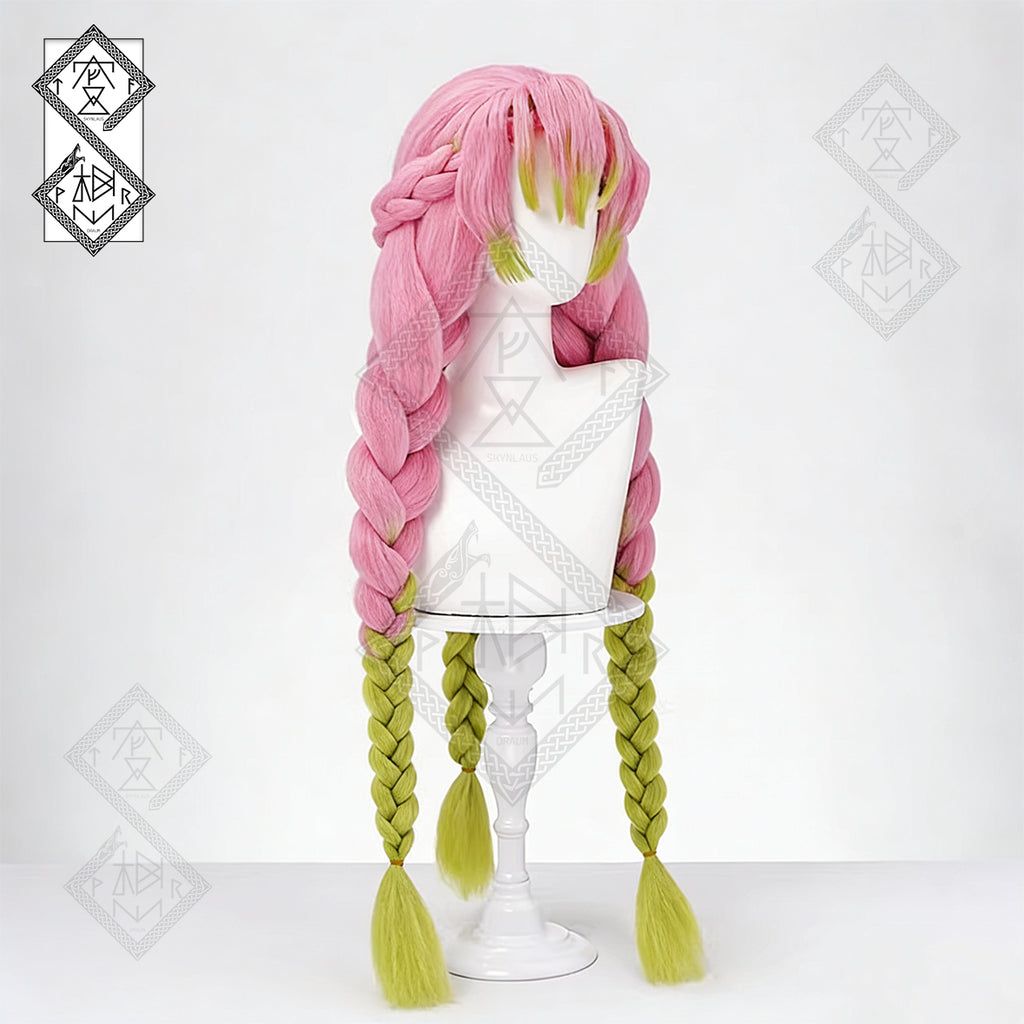 Demon Slayer Mitsuri Kanroji Cosplay Wig – Long Pink Green Braided Anime Wig with Curly Bangs