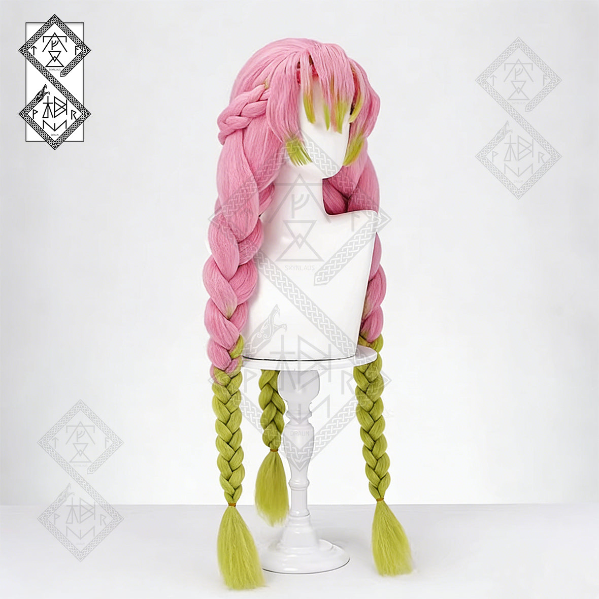 Demon Slayer Mitsuri Kanroji Cosplay Wig – Long Pink Green Braided Anime Wig with Curly Bangs