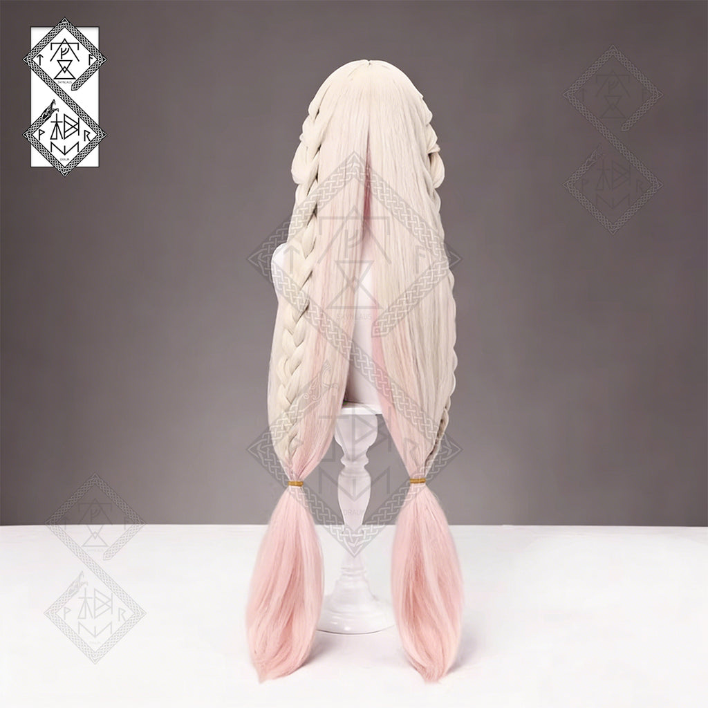 Naraka Bladepoint Kurumi Cosplay Wig – Sakura Maiden Ver. Twin Tail Braided Wig with Curly Bangs