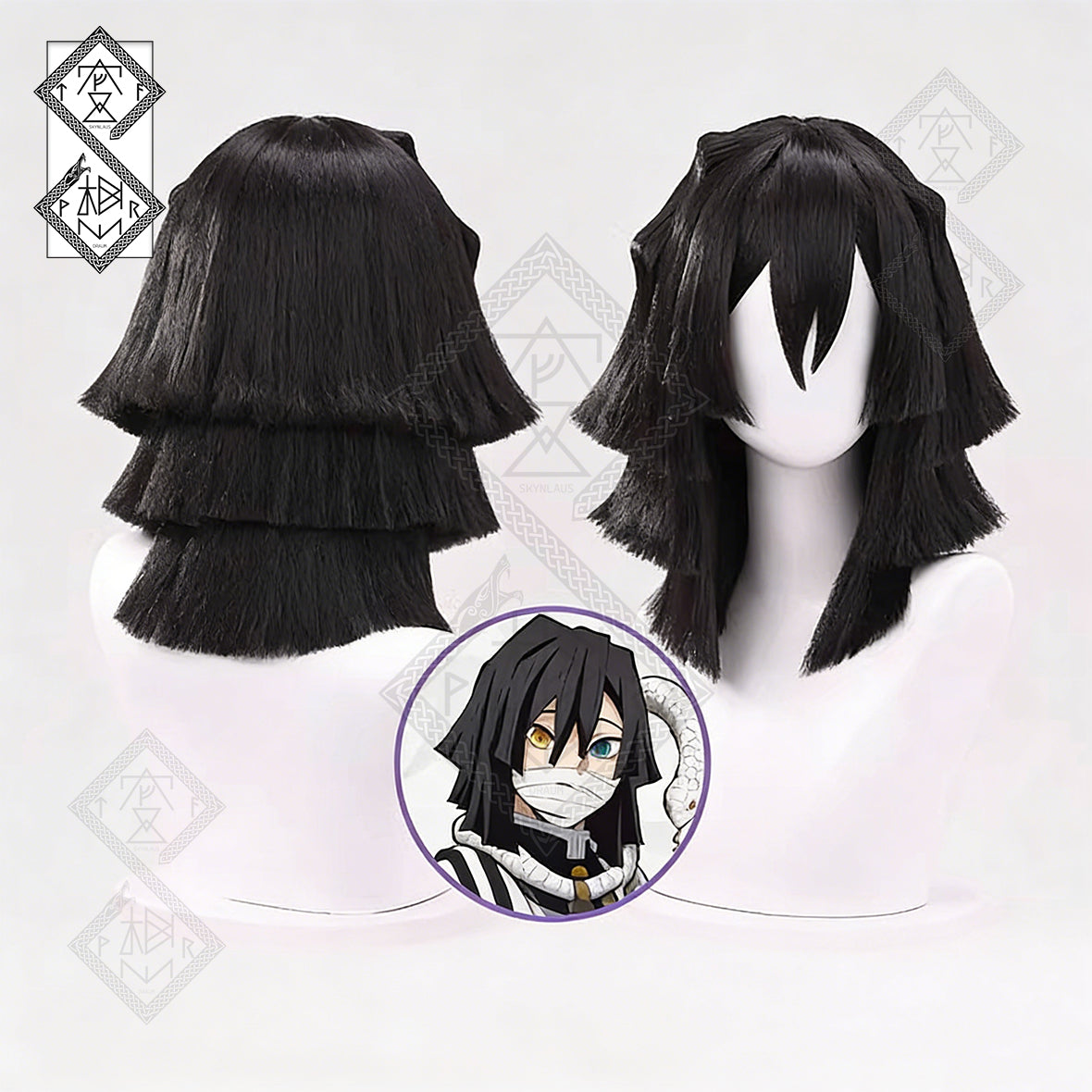 Demon Slayer Obanai Iguro Cosplay Wig – Layered Black Hair with Bangs, Snake Hashira Anime Costume Wig