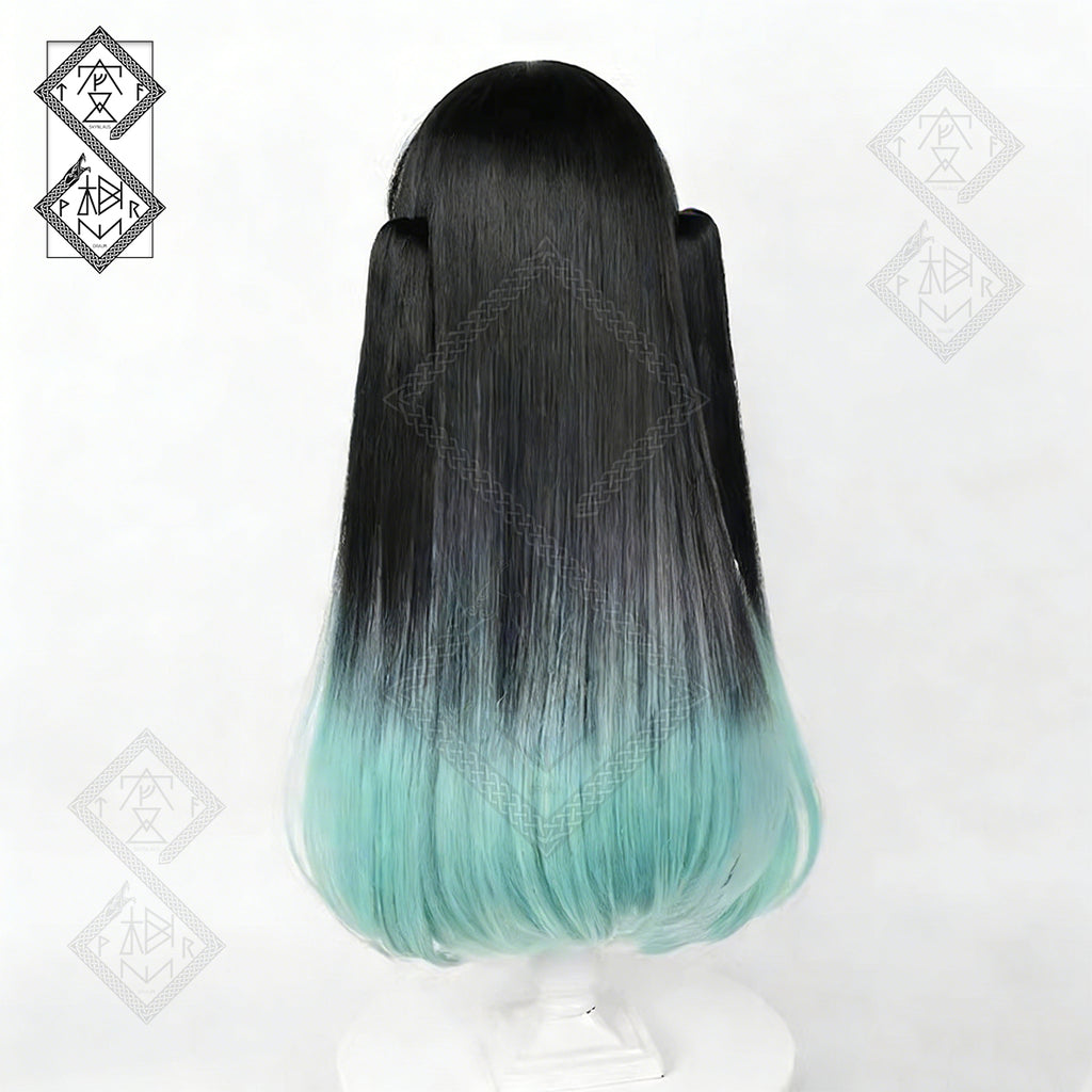 Demon Slayer Muichiro Tokito Cosplay Wig – Ombre Gradient, Twin Ponytails, Realistic Hairline, Heat Resistant, Includes Wig Cap(Style 2 – Dyed Gradient Version)