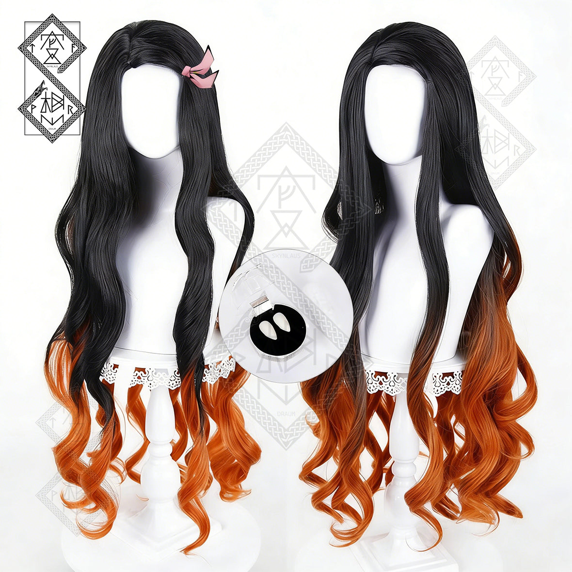 Demon Slayer Nezuko Kamado Cosplay Wig – Black to Brown-Yellow Curly Hair(Ver.1 Two-Tone)