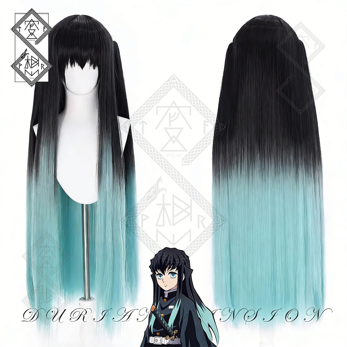 Demon Slayer Muichiro Tokito Wig Mist Hashira Cosplay Wig Long Black Green Gradient Anime Costume Wig