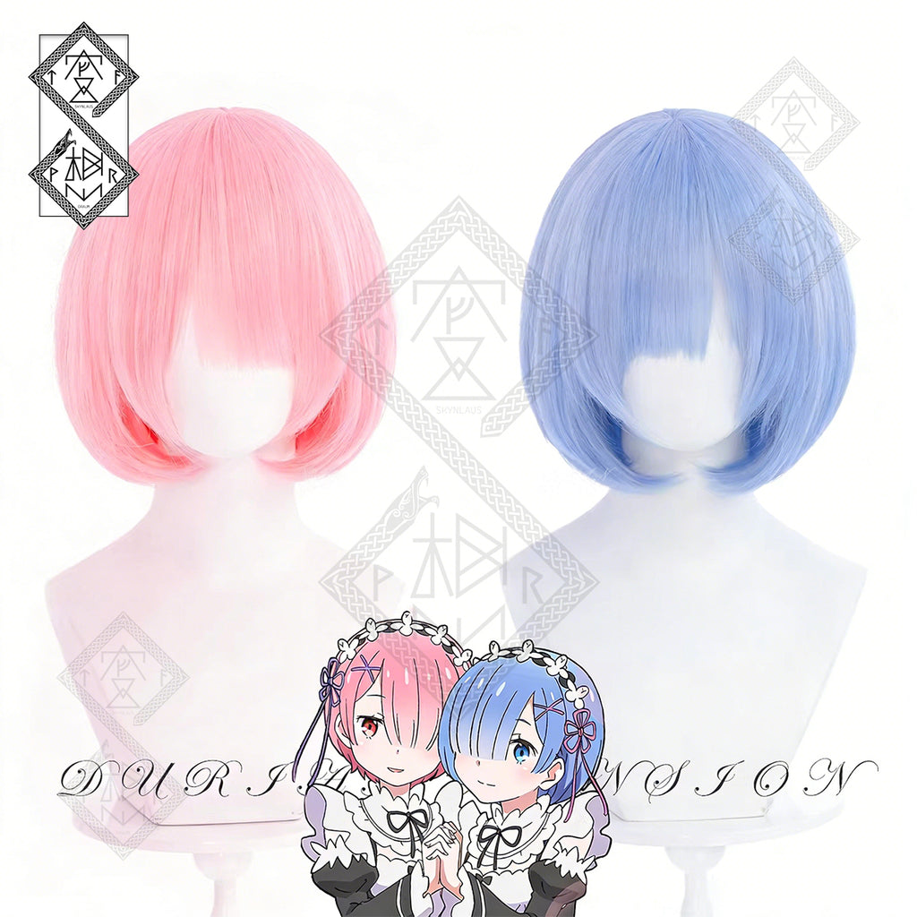 Re Zero Rem Ram Cosplay Wig Blue Pink Long Straight Anime Wig Heat Resistant Costume Hair for Women(Ver.1 Ram)