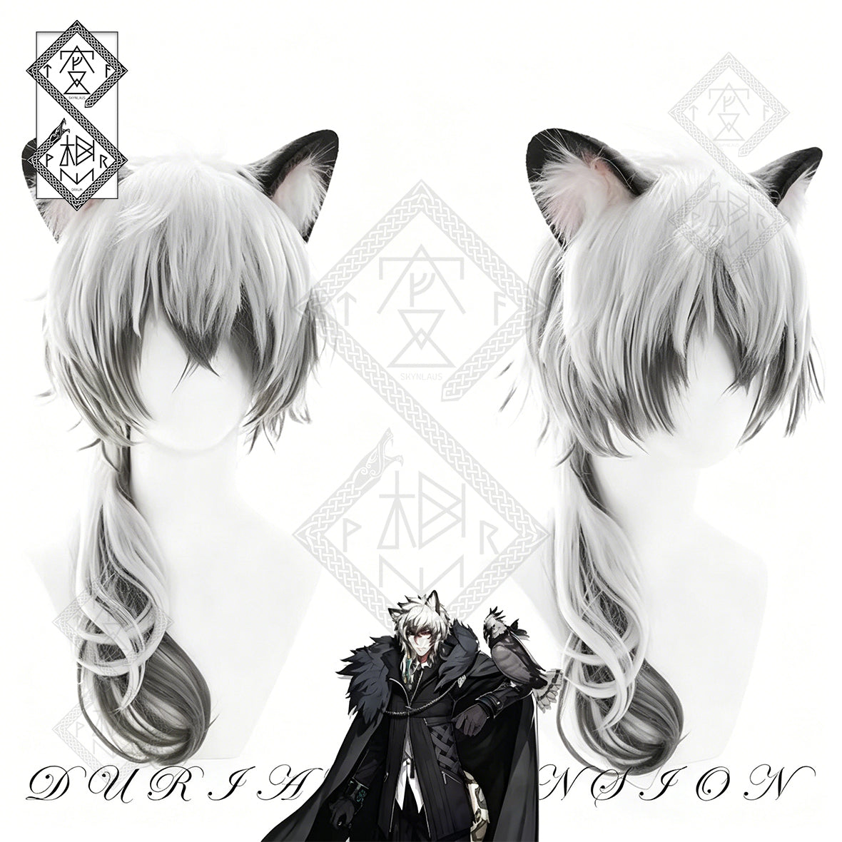 Arknights SilverAsh & Cliffheart Cosplay Wig White Silver Anime Wig Furry Wolf Ears Plush Headband Costume Set(Wig Only)