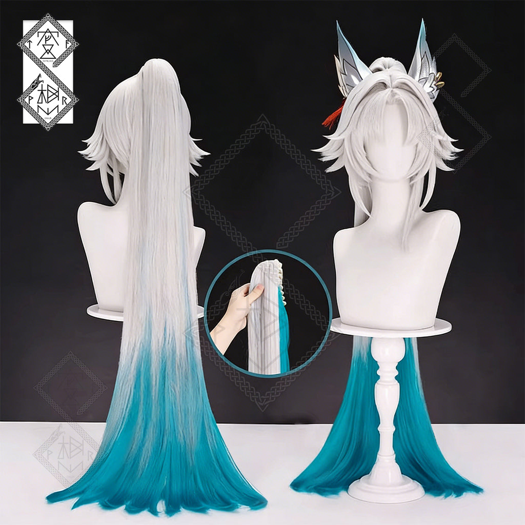 Honkai: Star Rail Feixiao Cosplay Wig with Ears & Earrings Long Ombre Ponytail Anime Wig Heat Resistant Fiber(Wig & Ears Ver.1)