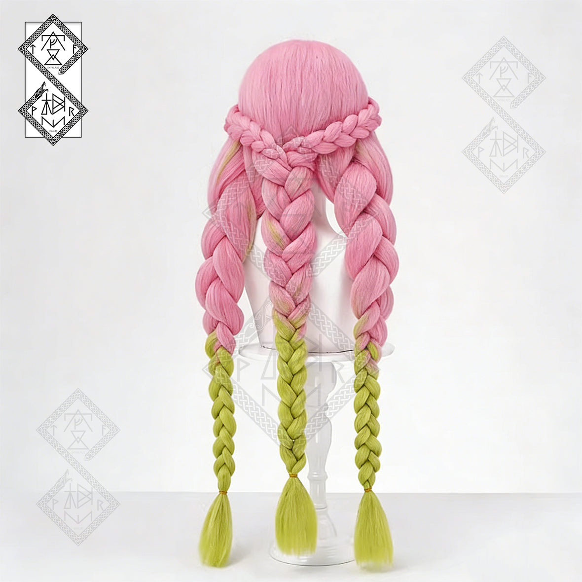 Demon Slayer Mitsuri Kanroji Cosplay Wig – Long Pink Green Braided Anime Wig with Curly Bangs