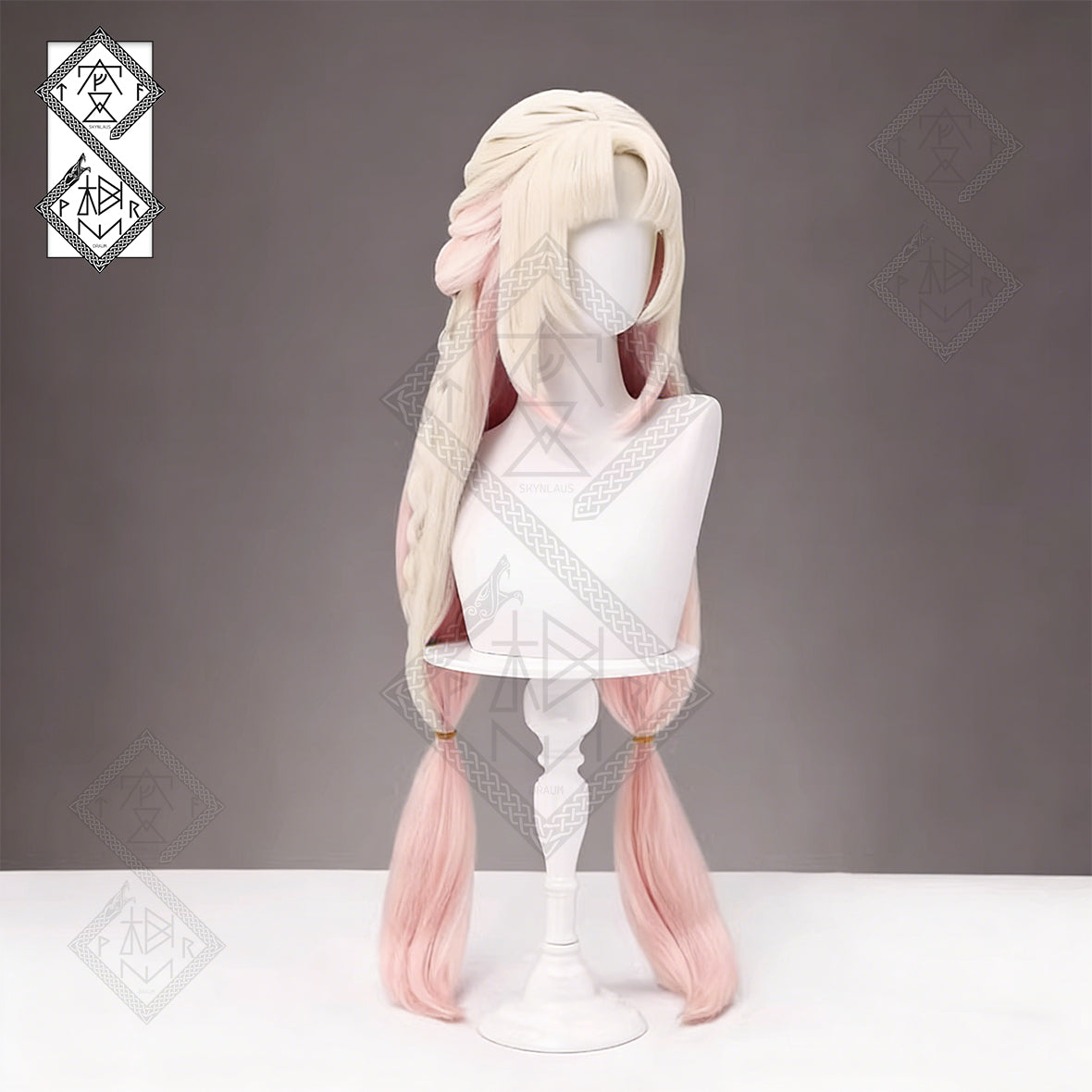 Naraka Bladepoint Kurumi Cosplay Wig – Sakura Maiden Ver. Twin Tail Braided Wig with Curly Bangs