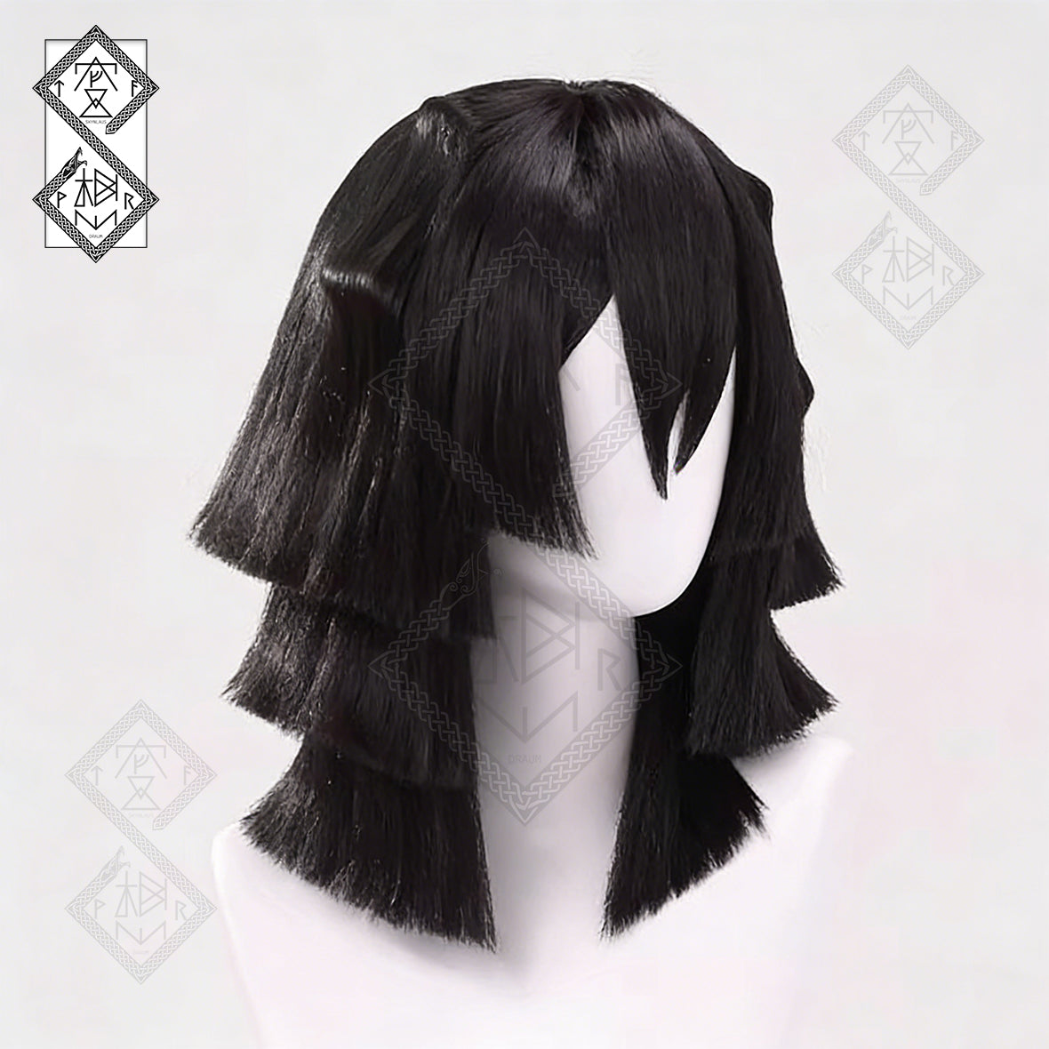 Demon Slayer Obanai Iguro Cosplay Wig – Layered Black Hair with Bangs, Snake Hashira Anime Costume Wig