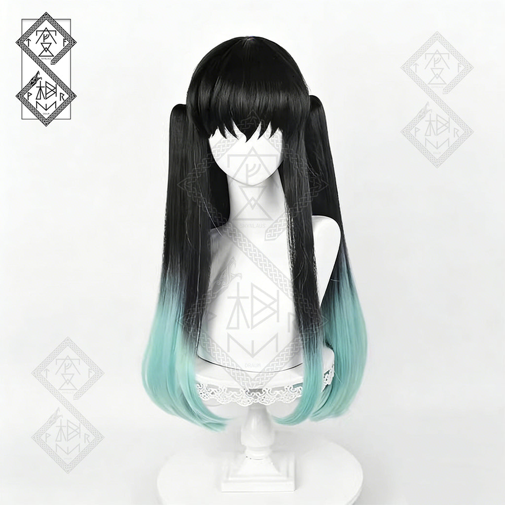 Demon Slayer Muichiro Tokito Cosplay Wig – Ombre Gradient, Twin Ponytails, Realistic Hairline, Heat Resistant, Includes Wig Cap(Style 2 – Dyed Gradient Version)
