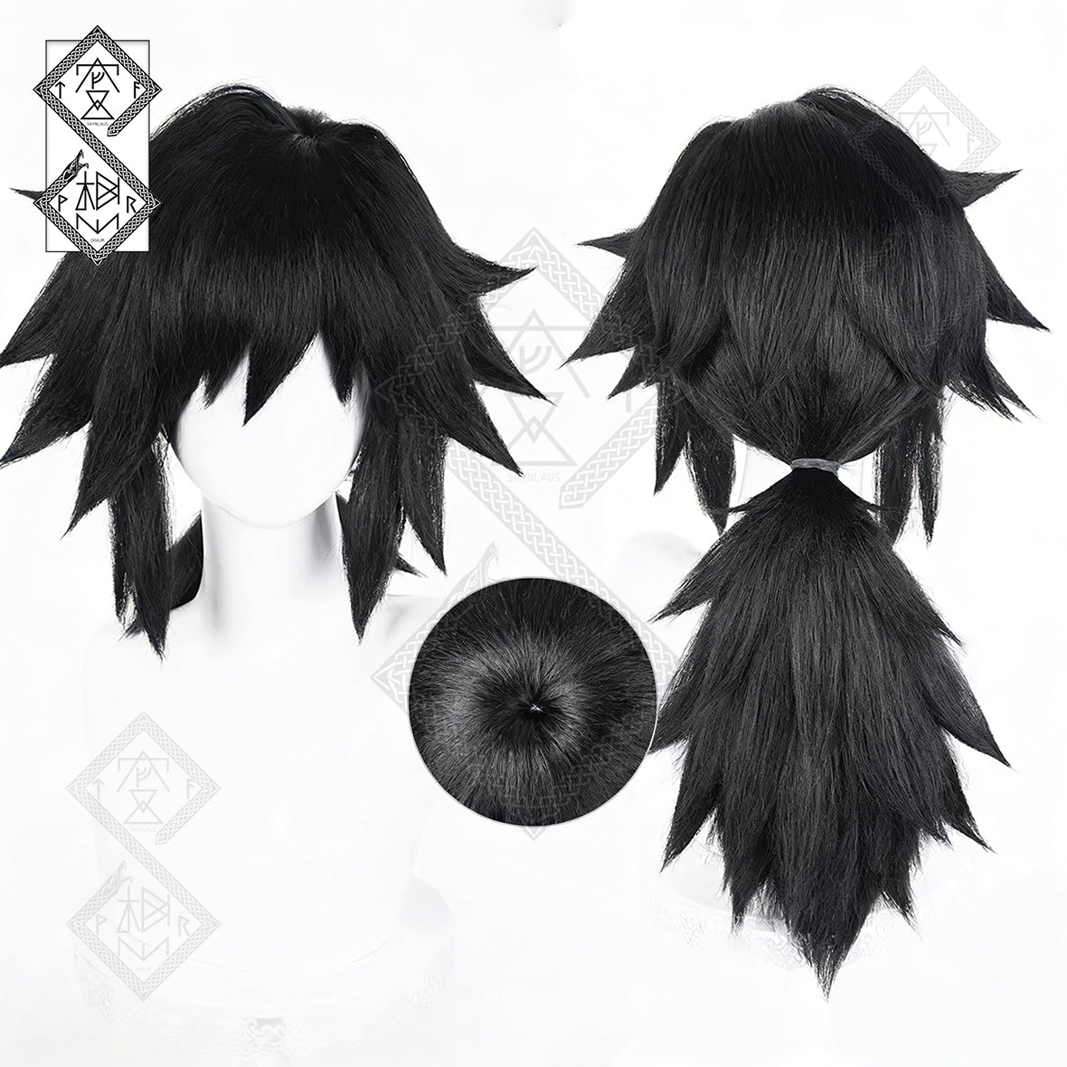 Demon Slayer Giyu Tomioka Cosplay Wig – Thick Fluffy Heat-Resistant Synthetic Hair, Easy Styling, Curled Ends, Anime Costume Wig (Version 2 Optional) Style 2 – Scalp Top