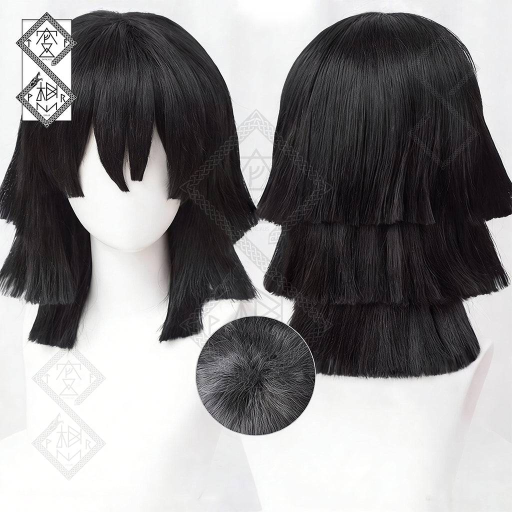 Demon Slayer Obanai Iguro Cosplay Wig – Black Thick Fluffy Anime Hair Wig (2 Versions) Ver.1 Teased Top