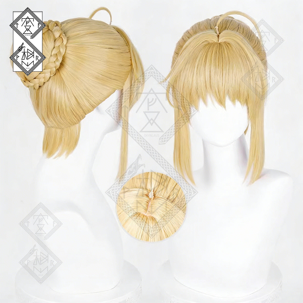 Saber Alter Cosplay Wig – Fate Zero Artoria Pendragon Blonde Bun Anime Wig Heat Resistant Synthetic Hair(Ver.1 Mixed Gold)