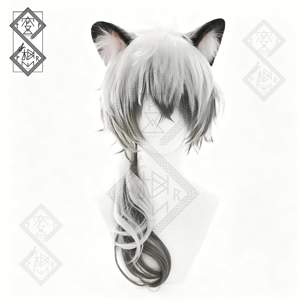 Arknights SilverAsh & Cliffheart Cosplay Wig White Silver Anime Wig Furry Wolf Ears Plush Headband Costume Set(Wig Only)