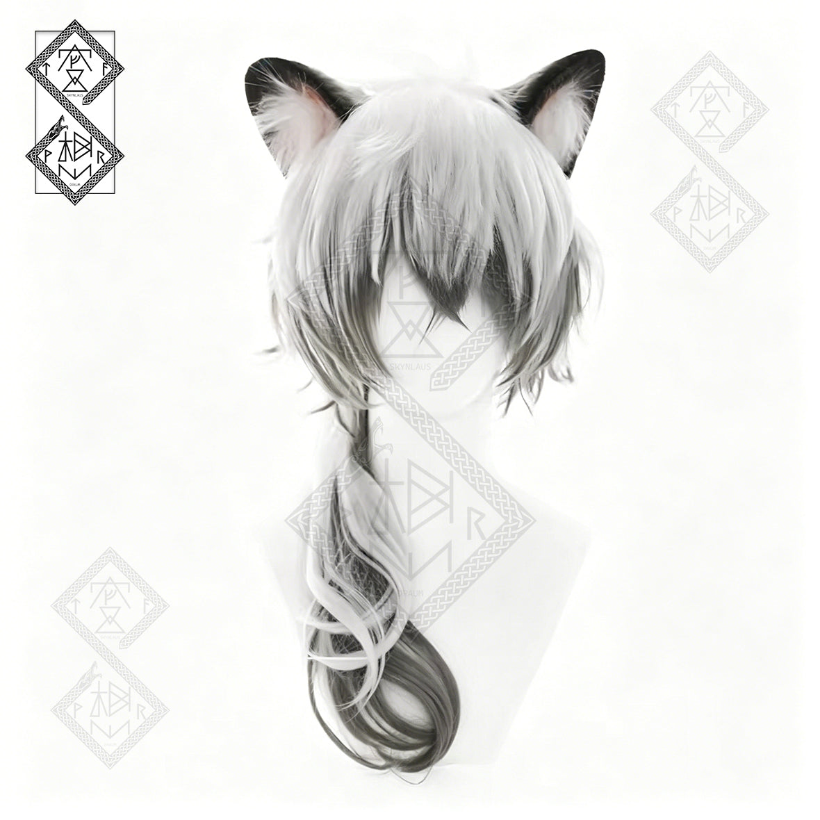 Arknights SilverAsh & Cliffheart Cosplay Wig White Silver Anime Wig Furry Wolf Ears Plush Headband Costume Set(Wig Only)