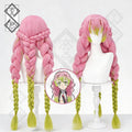 Demon Slayer Mitsuri Kanroji Cosplay Wig – Long Pink Green Braided Anime Wig with Curly Bangs