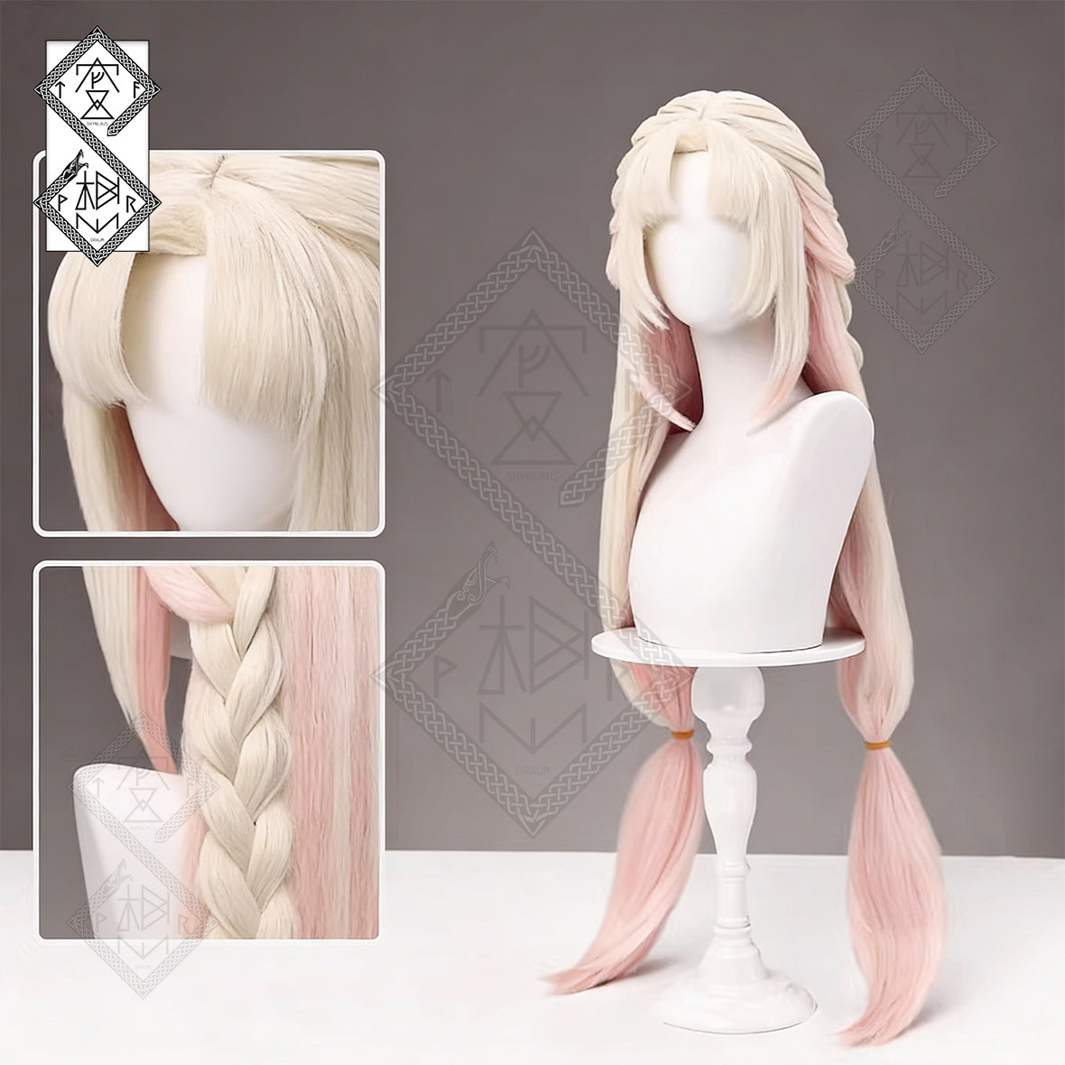 Naraka Bladepoint Kurumi Cosplay Wig – Sakura Maiden Ver. Twin Tail Braided Wig with Curly Bangs