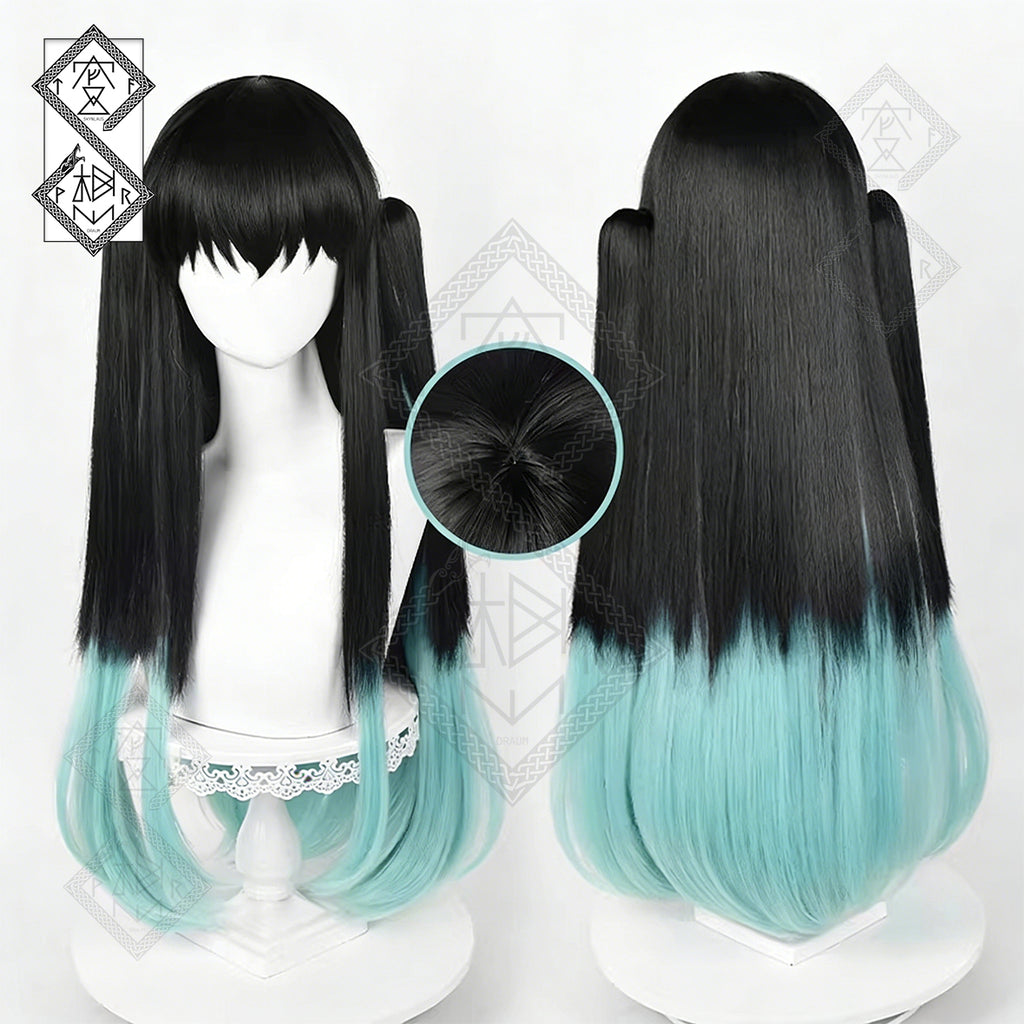 Demon Slayer Muichiro Tokito Cosplay Wig – Two-Tone Gradient, Twin Ponytails, Realistic Hairline, Heat Resistant, Includes Wig Cap(Style 1 – Two-tone Version)