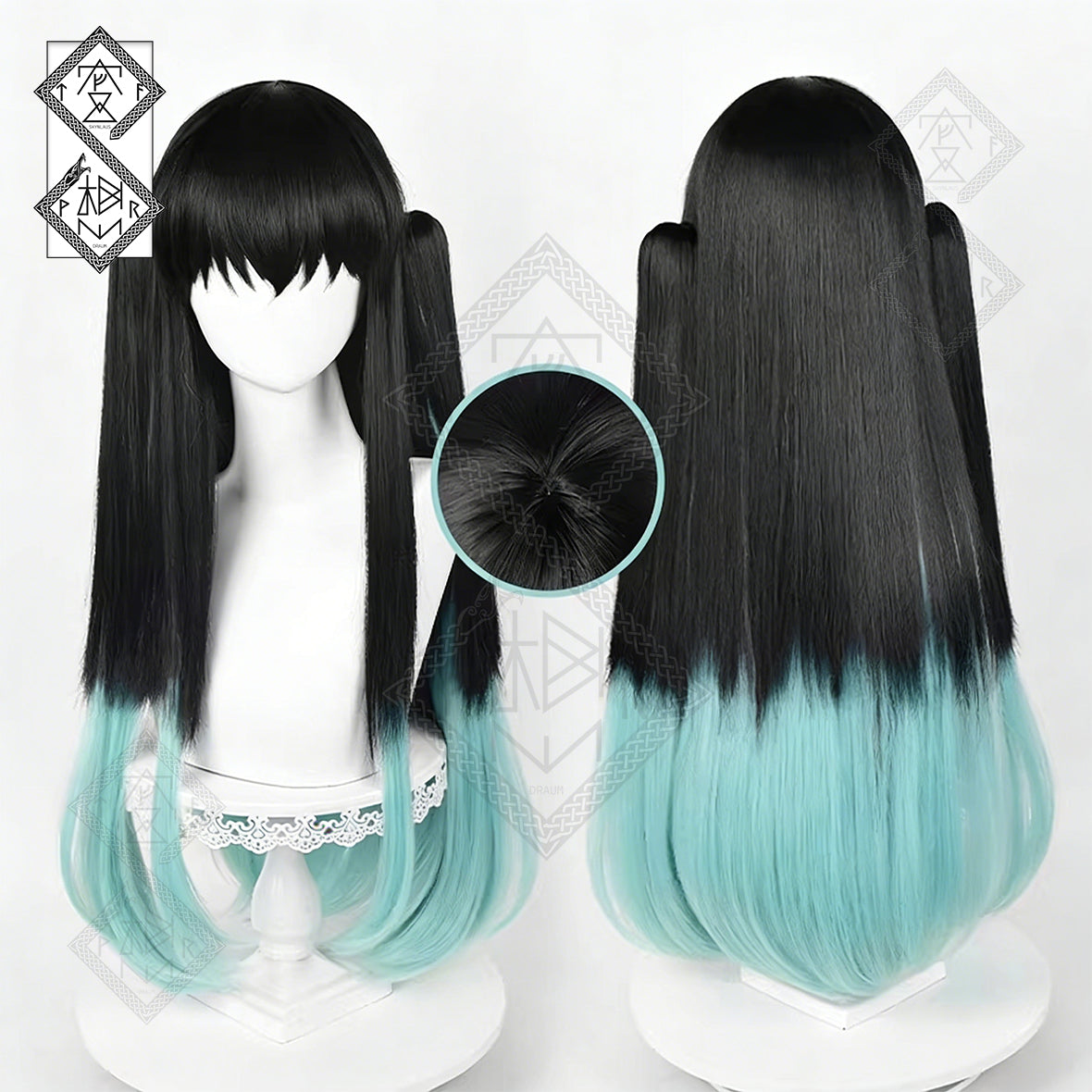 Demon Slayer Muichiro Tokito Cosplay Wig – Two-Tone Gradient, Twin Ponytails, Realistic Hairline, Heat Resistant, Includes Wig Cap(Style 1 – Two-tone Version)