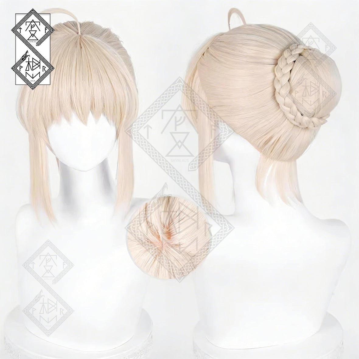 Saber Alter Cosplay Wig – Fate Zero Artoria Pendragon Blonde Bun Anime Wig Heat Resistant Synthetic Hair(Ver.2 Cream Gold)