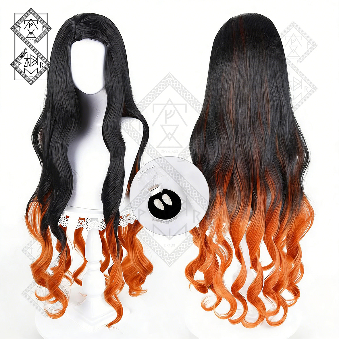 Demon Slayer Nezuko Kamado Cosplay Wig – Black to Brown-Yellow Curly Hair(Ver.3 Upgraded Two-tone Version)