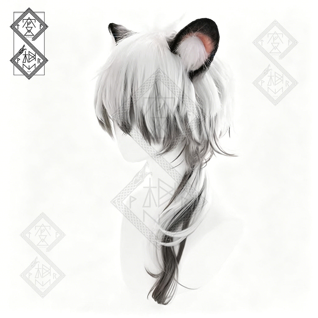 Arknights SilverAsh & Cliffheart Cosplay Wig White Silver Anime Wig Furry Wolf Ears Plush Headband Costume Set(Wig Only)
