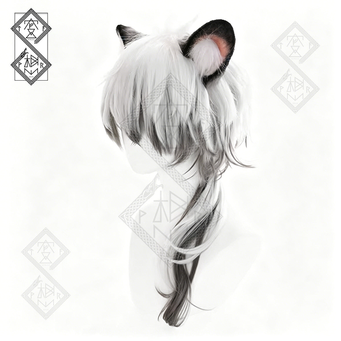 Arknights SilverAsh & Cliffheart Cosplay Wig White Silver Anime Wig Furry Wolf Ears Plush Headband Costume Set(Wig Only)