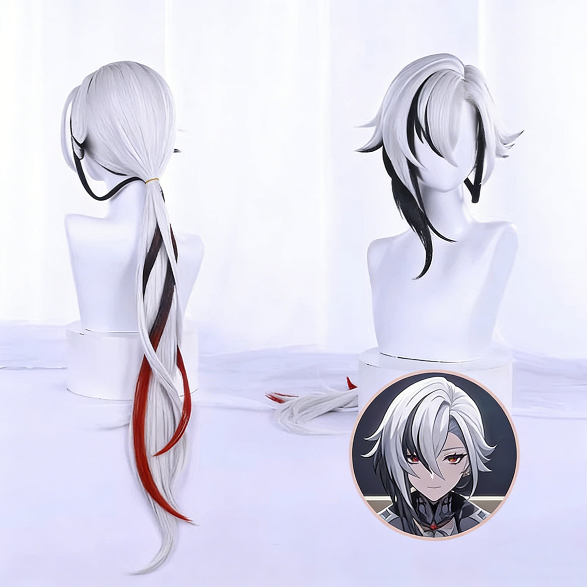 Genshin Impact Arlecchino Cosplay Wig – Long Highlighted Hair with Clip-In Bangs, Heat Resistant