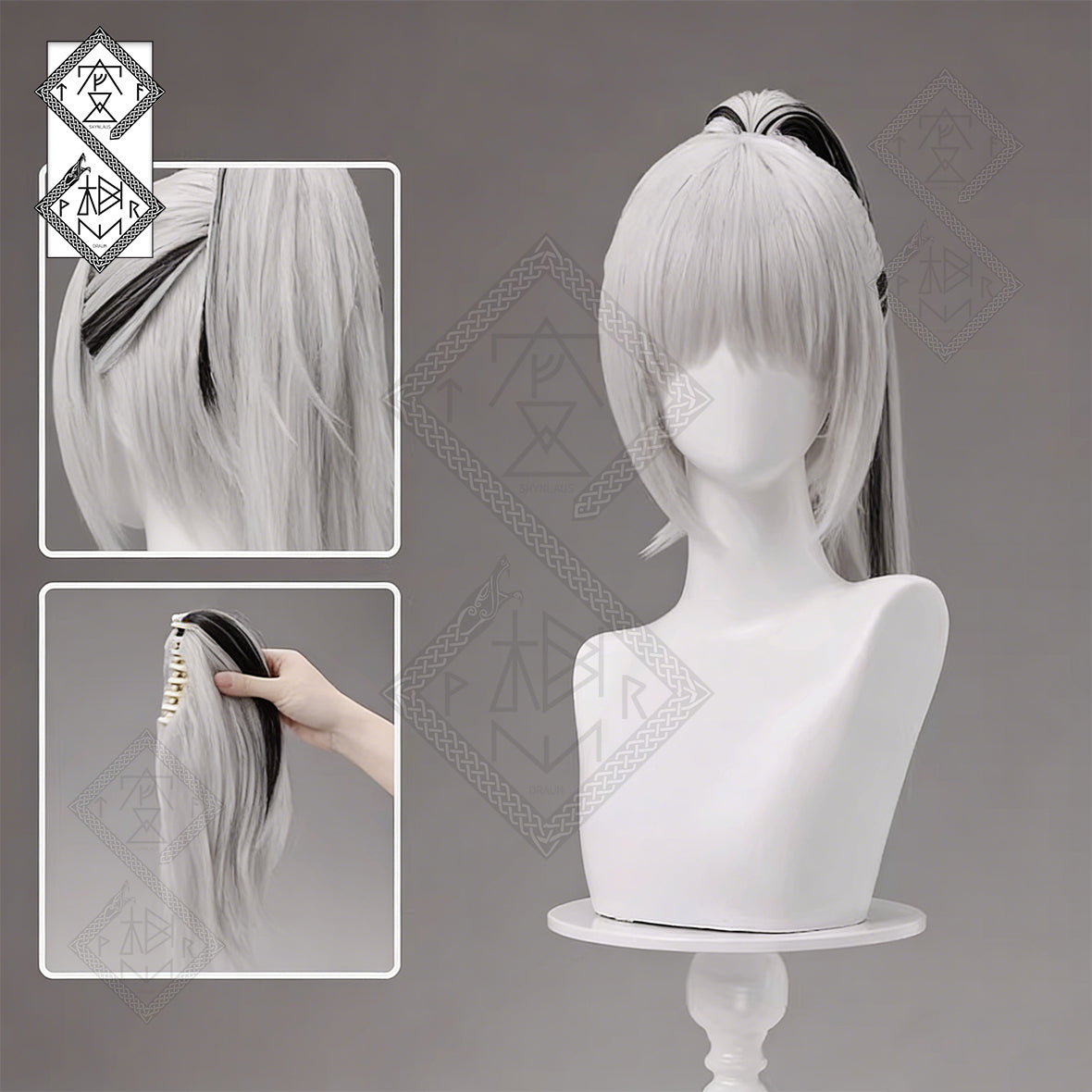 Delta Force Mai Xiaowen Ink Cloud Cosplay Wig Ink Gradient Ponytail Heat Resistant(Ink Wash Cloud Pattern Style Ver.2)