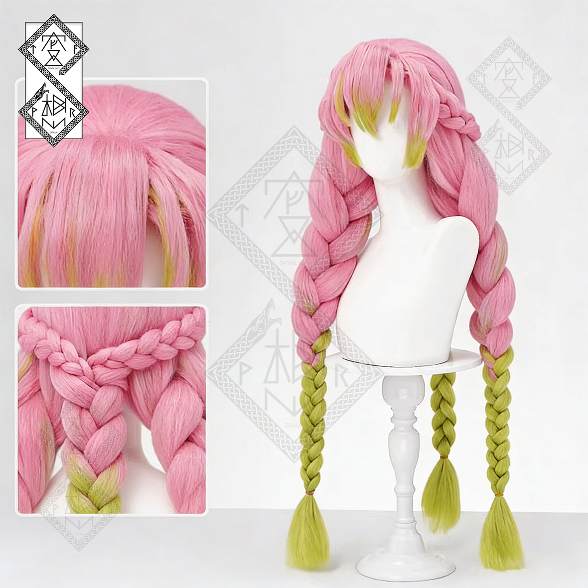 Demon Slayer Mitsuri Kanroji Cosplay Wig – Long Pink Green Braided Anime Wig with Curly Bangs
