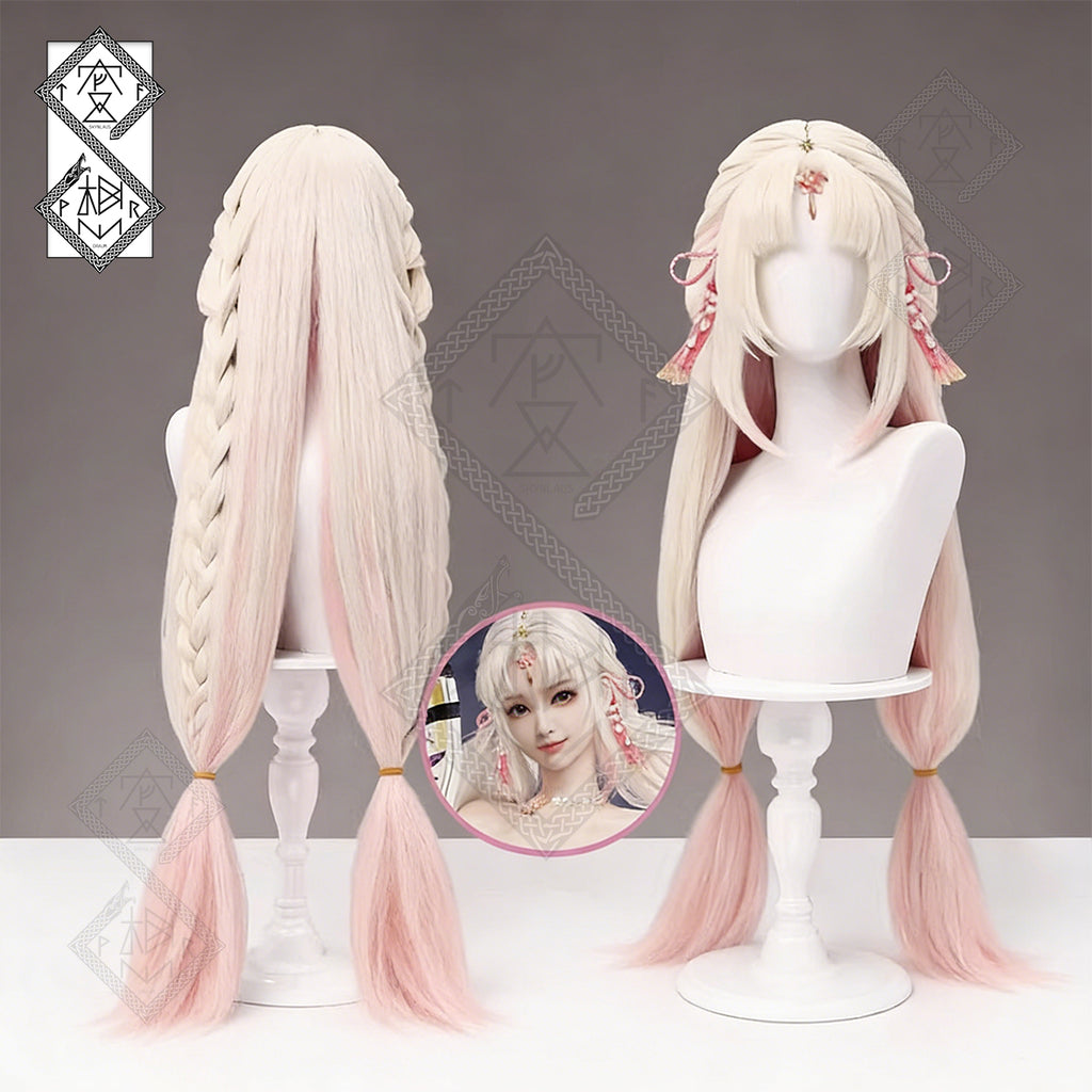 Naraka Bladepoint Kurumi Cosplay Wig – Sakura Maiden Ver. Twin Tail Braided Wig with Curly Bangs