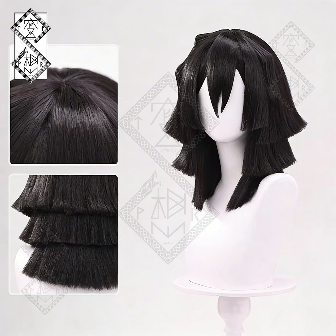 Demon Slayer Obanai Iguro Cosplay Wig – Layered Black Hair with Bangs, Snake Hashira Anime Costume Wig
