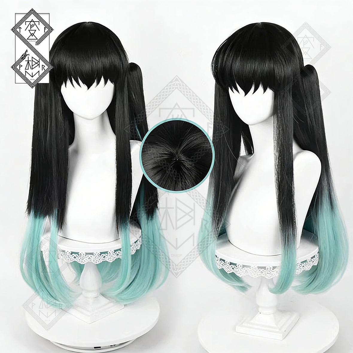 Demon Slayer Muichiro Tokito Cosplay Wig – Two-Tone Gradient, Twin Ponytails, Realistic Hairline, Heat Resistant, Includes Wig Cap(Style 1 – Two-tone Version)