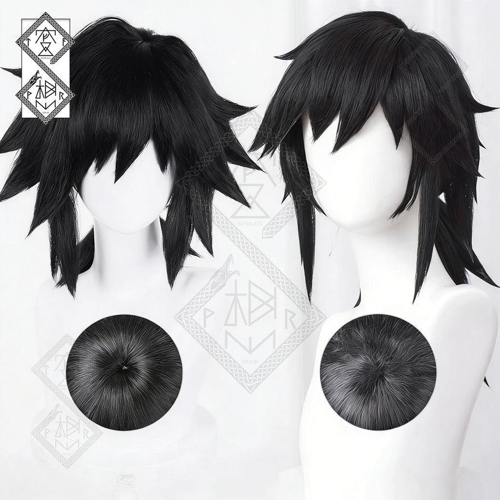 Demon Slayer Giyu Tomioka Cosplay Wig – Thick Fluffy Heat-Resistant Synthetic Hair, Easy Styling, Curled Ends, Anime Costume Wig (Version 2 Optional) Style 1 – Fluffy Wig Top