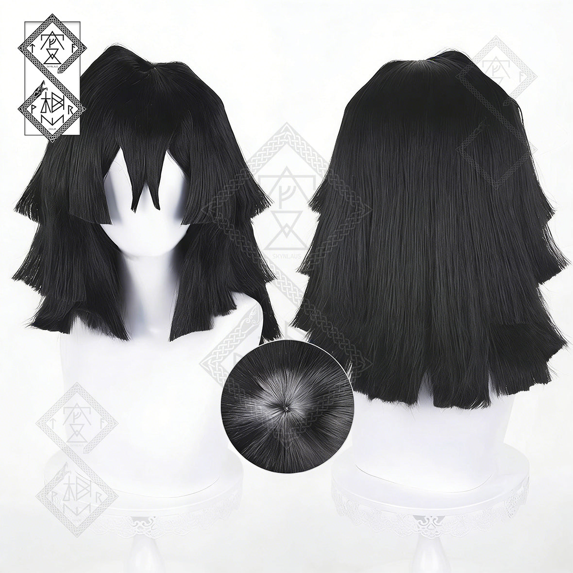 Demon Slayer Obanai Iguro Cosplay Wig – Black Thick Fluffy Anime Hair Wig (2 Versions) Ver.2 Scalp Top