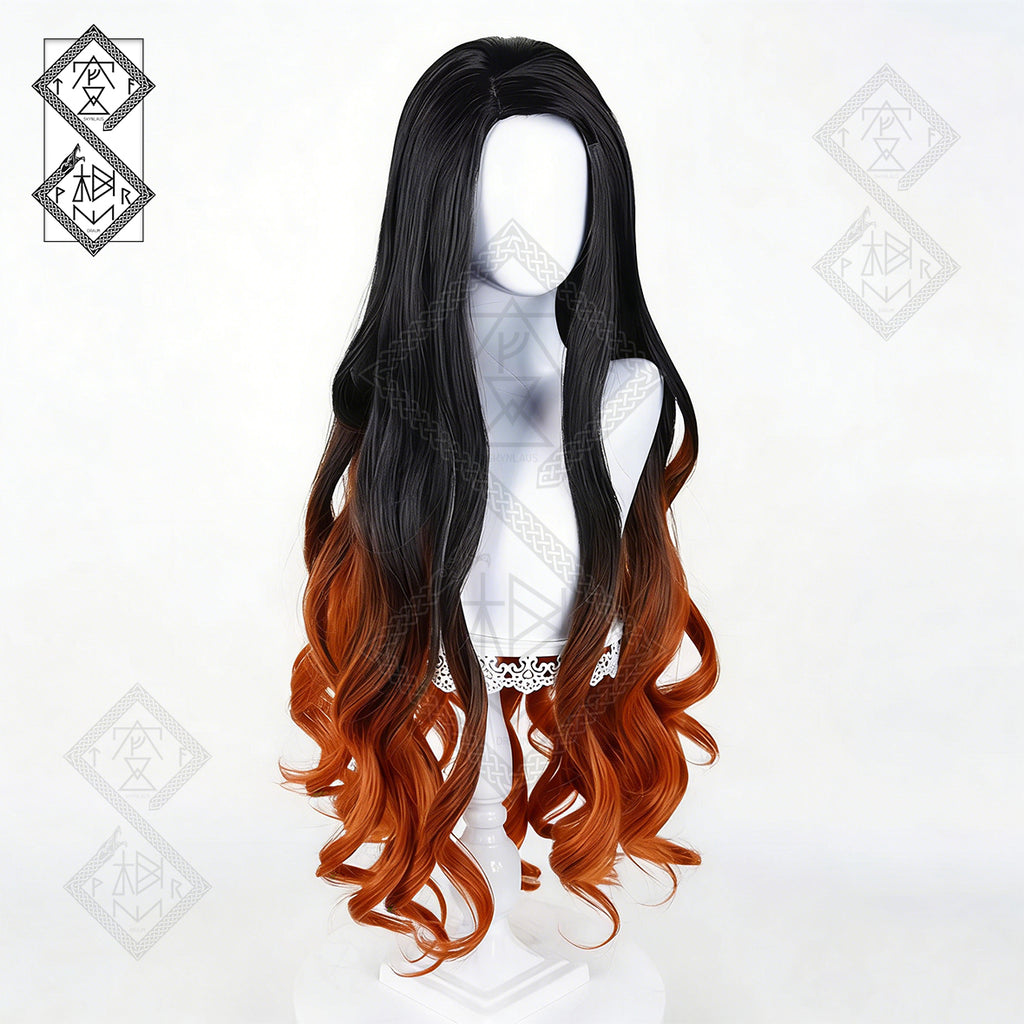 Demon Slayer Nezuko Kamado Cosplay Wig – Black to Brown-Yellow Curly Hair(Ver.1 Two-Tone)