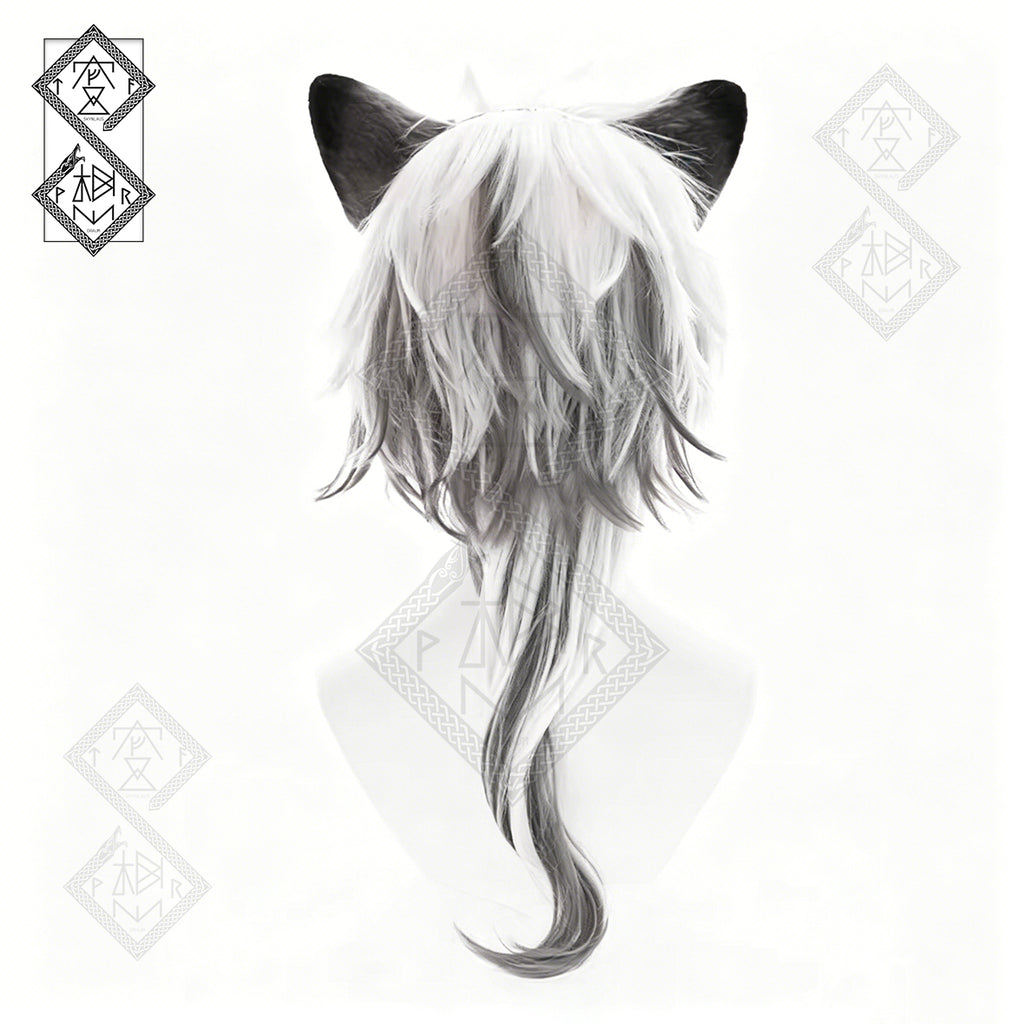 Arknights SilverAsh & Cliffheart Cosplay Wig White Silver Anime Wig Furry Wolf Ears Plush Headband Costume Set(Wig Only)