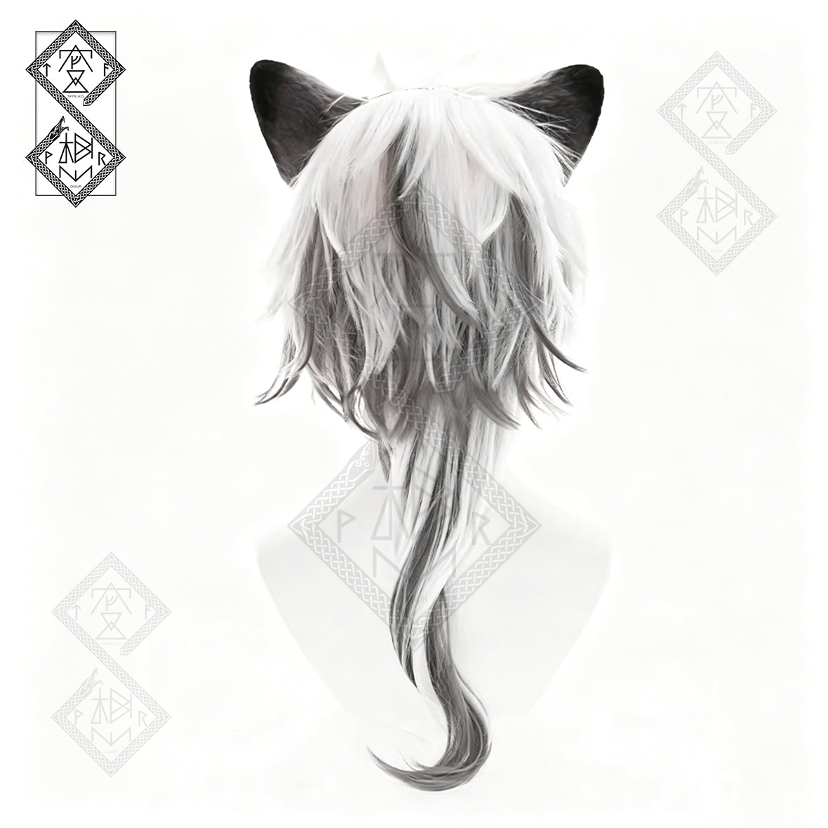 Arknights SilverAsh & Cliffheart Cosplay Wig White Silver Anime Wig Furry Wolf Ears Plush Headband Costume Set(Wig Only)