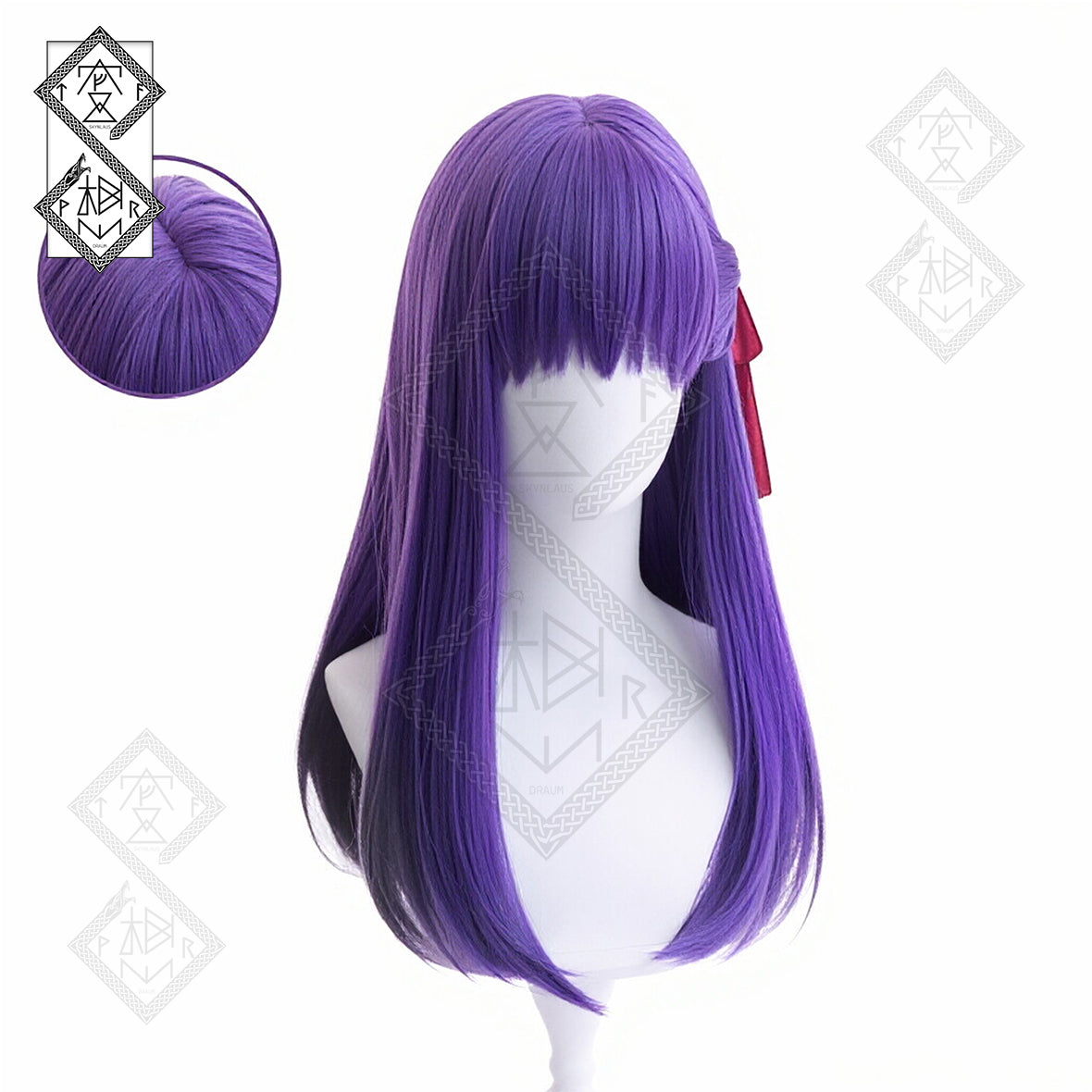 Fate Stay Night Sakura Matou Cosplay Wig Long Purple Hair Pre-Tied Ribbon Heat Resistant Synthetic Anime Wig for Halloween Costume