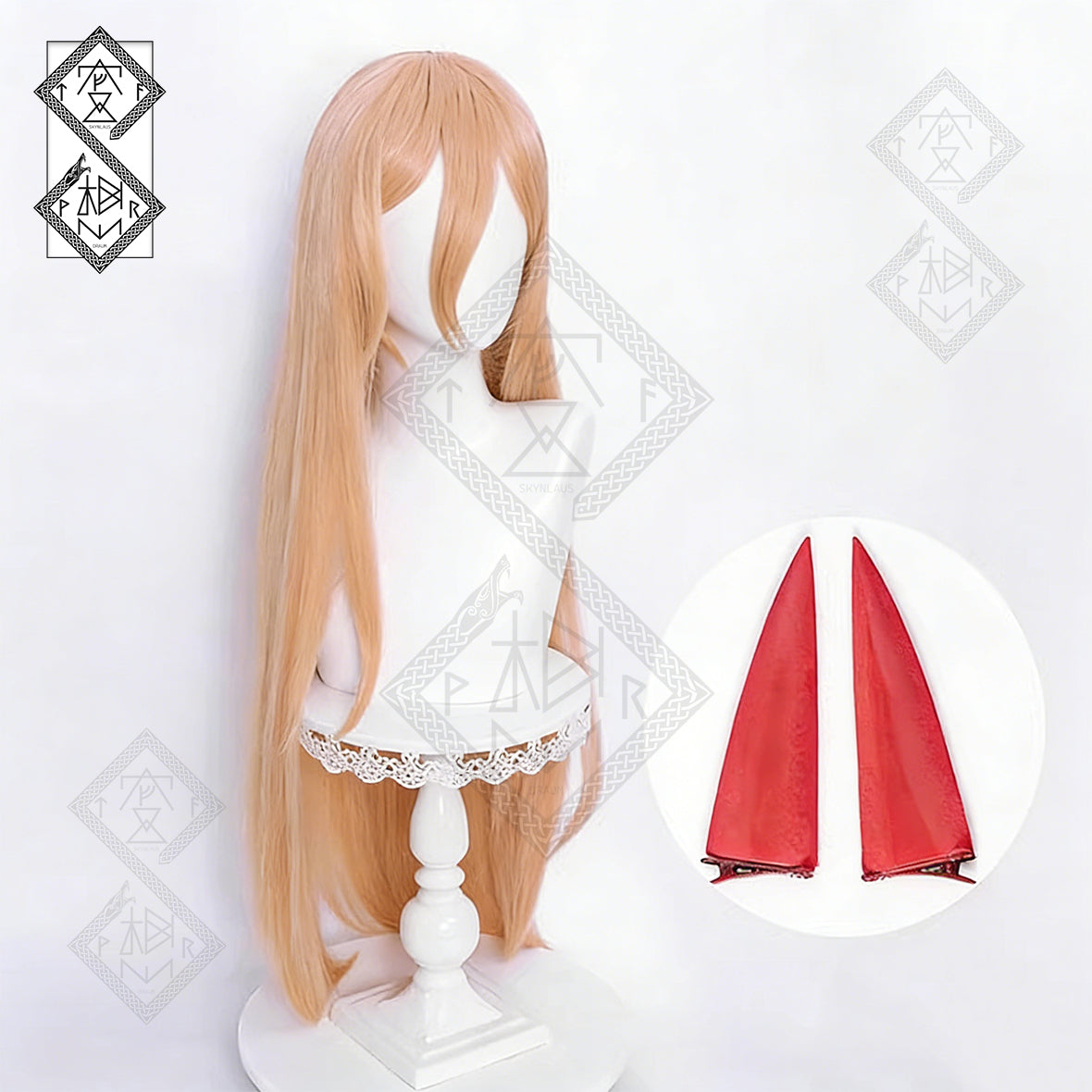 Chainsaw Man Power Cosplay Wig – Custom Blended Color, Smooth & Easy Styling(Ver.2 Apricot Orange + Accessories)