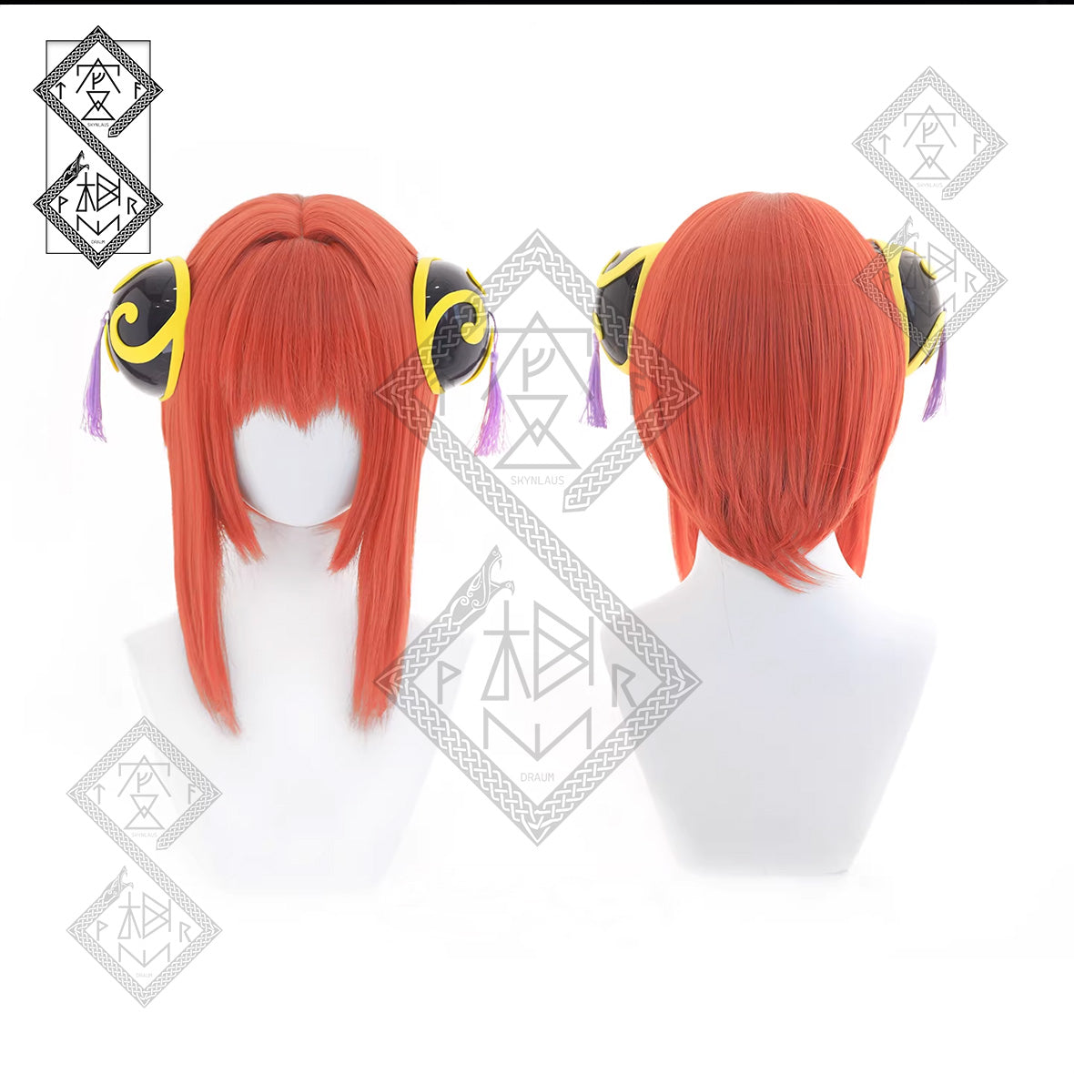 Gintama Kagura Cosplay Wig – Short Natural Hair, Heat Resistant Anime Costume Wig, With Hair Bun Accessory(Ver.2 Down Hair with Headpiece)